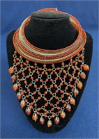 Orange/Red bead and Silvertone Choker necklace