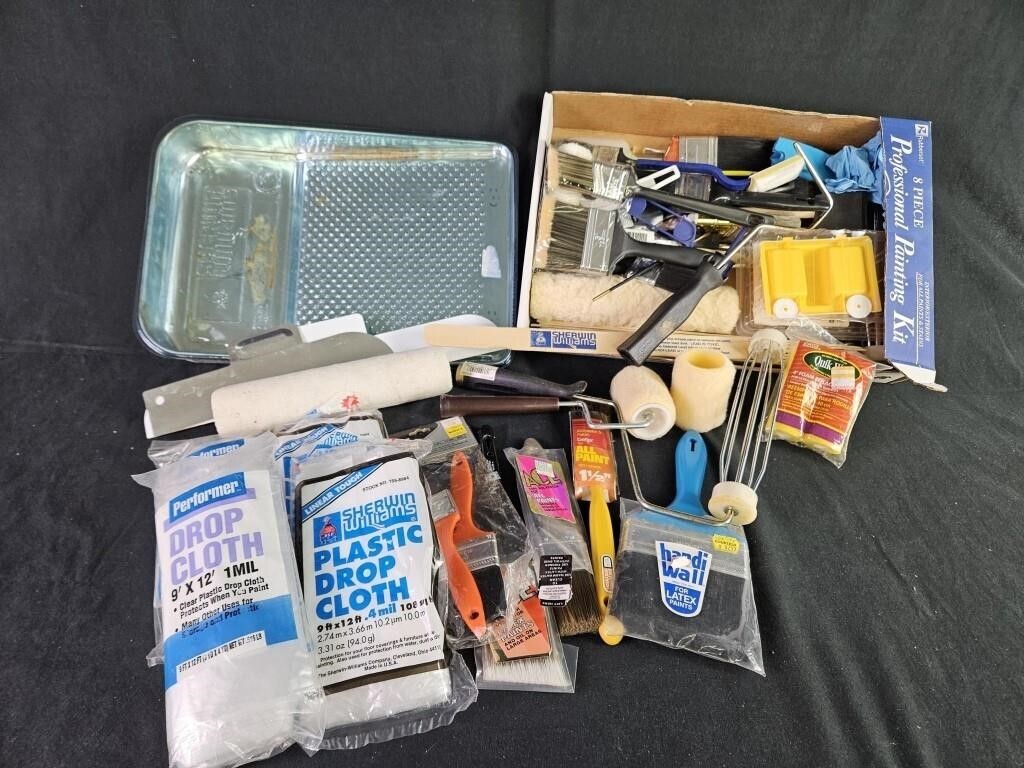 Box of Painting Supplies, Brushes, Drop Cloths