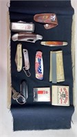 Assorted pocket knives & sharpening stone plus