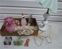 Pink vase, glass figures, lamp, misc