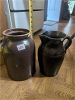 2 brown pottery croc and pitcher have