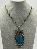 Vintage Silver Tone Faux Turquoise Owl Necklace