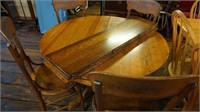 Vintage Round Oak Table 3 Leaves, 4 Chairs