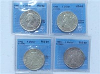 FOUR GRADED 1960-1963 CANADIAN ONE DOLLAR COINS