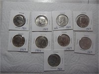 (9) 1964 Kennedy 90% Silver Half Dollars BU-AU