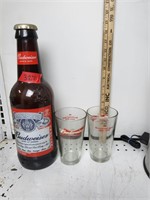 Large Glass Budweiser Bottle w/ 2 glasses