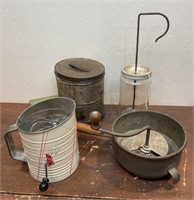 Vintage kitchen lot - flour sifters, food mill
