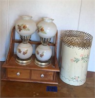 14” matching lamps, metal trash can and dresser