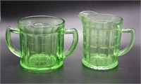 GREEN DEPRESSION GLASS CREAM & SUGAR