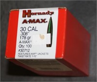 UNOPENED 100RD HORNADY A-MAX 30 CAL .308 BULLETS