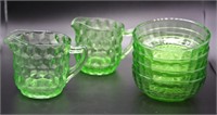 GREEN DEPRESSION GLASS: 4 BOWLS 2 CREAMERS