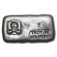 2 Oz Hand Poured Silver Bar Pg & G (skull & Bones)