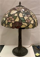Leaded Glass Parlor Lamp With Tree Trunk Base