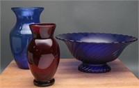 Cobalt & Rudy Glass Vases & Bowl (3)