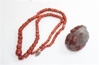 A Nanhong Agate Stone Carving and Coral Necklace