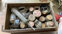 VINTAGE MISC AUTO NUTS BOLTS ETC AND WOODEN BOx