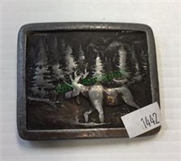 Vintage belt buckle - moose in forest.   1442