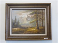 Framed oil on canvas, mountain scene