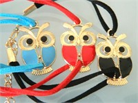 3 GOLD OWL BRACELET LEATHER WRAP WRISTBAND RED B