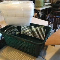 2 Green Baskets, 5 plastic containers