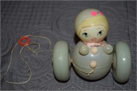 Vtg Celluloid Painted Pull Toy Doll Figure 4"w