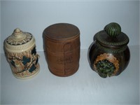 Acorn Tobacco Jar-Wood Barrel 7"-Leather Lion