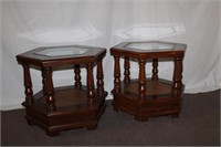 Pair of hexagonal end tables inlaid beveled