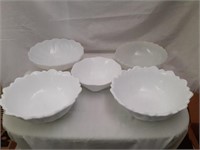 5 Milk Glass Bowls largest 9" dia