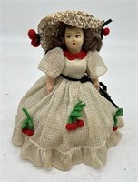 Vintage Doll w/Wicker Storage Basket Cherry Dress