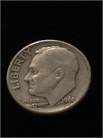 1961-D 10C Roosevelt Silver Dime coin marked JS