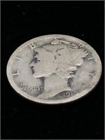 Antique 1919 10C Mercury Silver Dime Coin