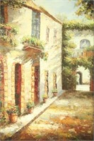 VILLAGE HOUSE OIL ON CANVAS PAINTING
