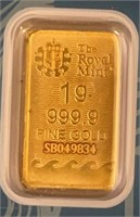 1g 999.9 Fine Gold Bar Ser# SB049834