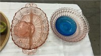Pink Depression glass and 2 MCM blue dishes