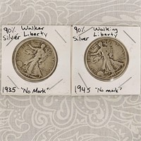 1935 1945 Walking Liberty Half Dollars 90% Silver