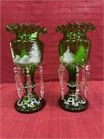 Pair of Green Glass Mary Gregory Lusters