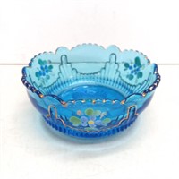 Vintage blue glass hand painted dessert bowl (A)