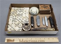 Smalls Lot: Dominoes, Knives, Paperweight & More