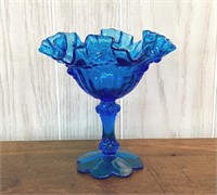 6.5" Fenton Blue Cabbage Rose Compote