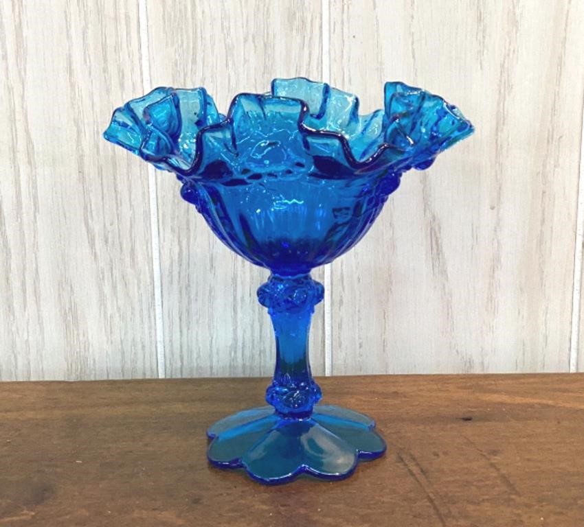 6.5" Fenton Blue Cabbage Rose Compote