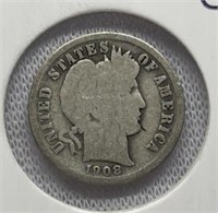 Of) 1908 Barber Dime Condition G