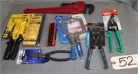pipe wrench, vise grips, aviation snips,