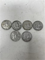 Coins-6 Ben Franklin half dollars. 1-1950, 1-1952,