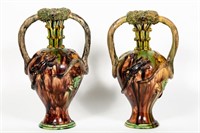 Pair Majolica Palissy Handled Vases