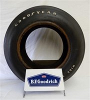 B.F. GOODRICH TIN TIRE STAND WITH GOODYEAR TIRE