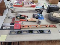 LOT OF TOOLS, LEVELS, GARDEN TOOLS, SAW, ETC.