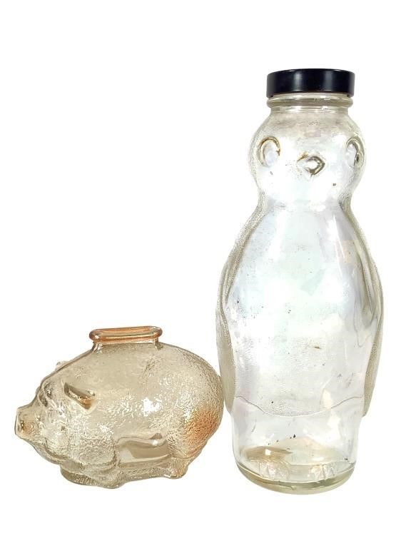 2 Subtle Lustre Glass Penguin Bottle, Pig Bank