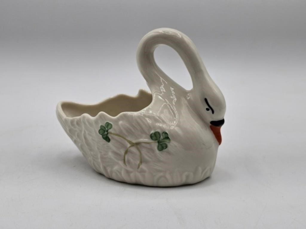 BELLEEK SWAN WITH SHAMROCKS - GREEN MARK