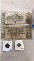 2 CONFEDERATE BILLS, (10 & 5) 1869 3C & 2C COINS