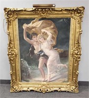 Antique ornately framed oil painting on fabric